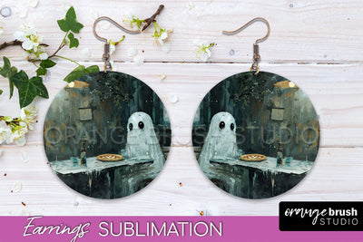 Halloween Earrings - Cute Ghost Round Earring Sublimation Sublimation OrangeBrushStudio 
