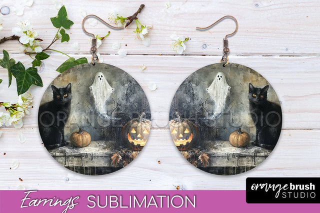 Halloween Earrings - Cute Ghost Round Earring Sublimation Sublimation OrangeBrushStudio 