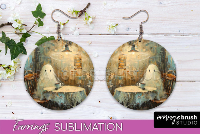 Halloween Earrings - Cute Ghost Round Earring Sublimation Sublimation OrangeBrushStudio 
