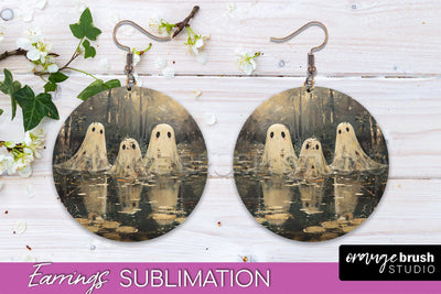 Halloween Earrings - Cute Ghost Round Earring Sublimation Sublimation OrangeBrushStudio 