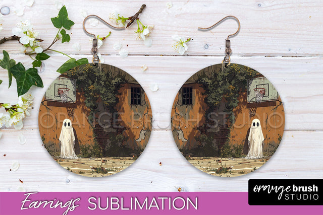Halloween Earrings - Cute Ghost Round Earring Sublimation Sublimation OrangeBrushStudio 