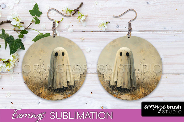 Halloween Earrings - Cute Ghost Round Earring Sublimation Sublimation OrangeBrushStudio 