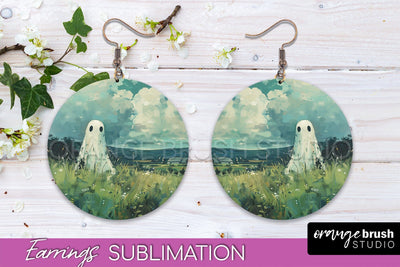 Halloween Earrings - Cute Ghost Round Earring Sublimation Sublimation OrangeBrushStudio 