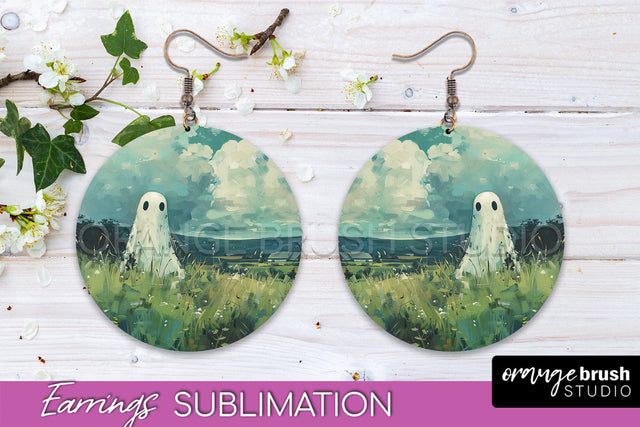 Halloween Earrings - Cute Ghost Round Earring Sublimation Sublimation OrangeBrushStudio 