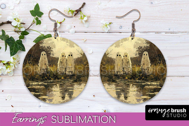 Halloween Earrings - Cute Ghost Round Earring Sublimation Sublimation OrangeBrushStudio 