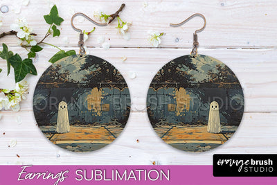 Halloween Earrings - Cute Ghost Round Earring Sublimation Sublimation OrangeBrushStudio 