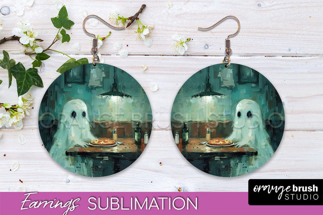 Halloween Earrings - Cute Ghost Round Earring Sublimation Sublimation OrangeBrushStudio 
