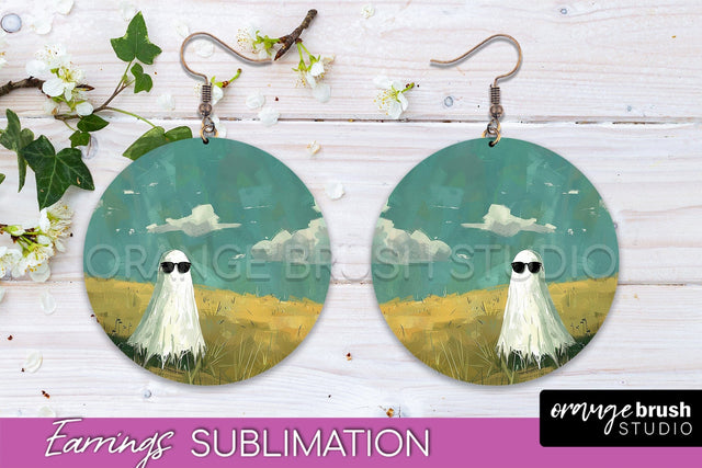 Halloween Earrings - Cute Ghost Round Earring Sublimation Sublimation OrangeBrushStudio 