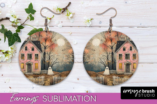 Halloween Earrings - Cute Ghost Round Earring Sublimation Sublimation OrangeBrushStudio 