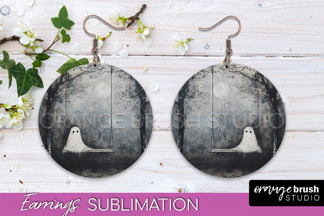 Halloween Earrings - Cute Ghost Round Earring Sublimation Sublimation OrangeBrushStudio 