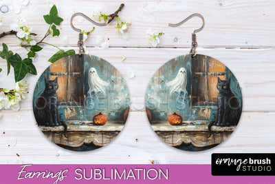 Halloween Earrings - Cute Ghost Round Earring Sublimation Sublimation OrangeBrushStudio 