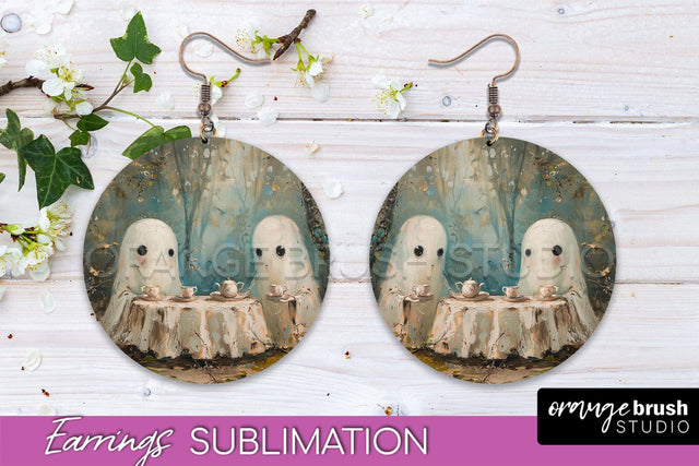 Halloween Earrings - Cute Ghost Round Earring Sublimation Sublimation OrangeBrushStudio 