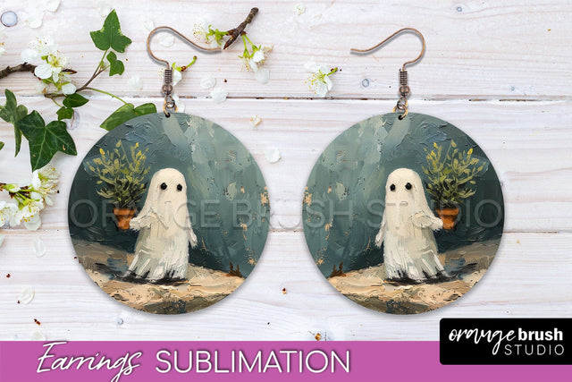 Halloween Earrings - Cute Ghost Round Earring Sublimation Sublimation OrangeBrushStudio 