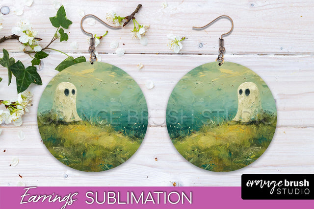 Halloween Earrings - Cute Ghost Round Earring Sublimation Sublimation OrangeBrushStudio 