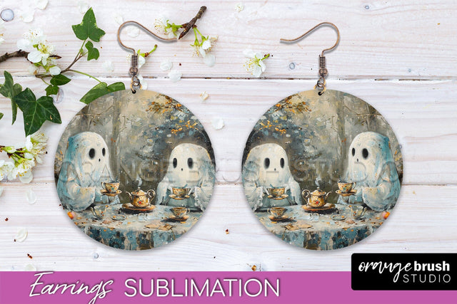 Halloween Earrings - Cute Ghost Round Earring Sublimation Sublimation OrangeBrushStudio 