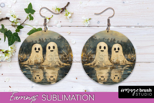 Halloween Earrings - Cute Ghost Round Earring Sublimation Sublimation OrangeBrushStudio 