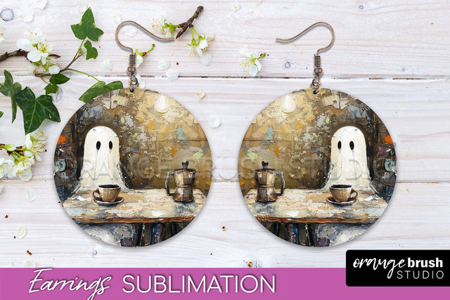 Halloween Earrings - Cute Ghost Round Earring Sublimation Sublimation OrangeBrushStudio 