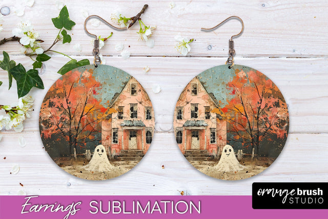 Halloween Earrings - Cute Ghost Round Earring Sublimation Sublimation OrangeBrushStudio 