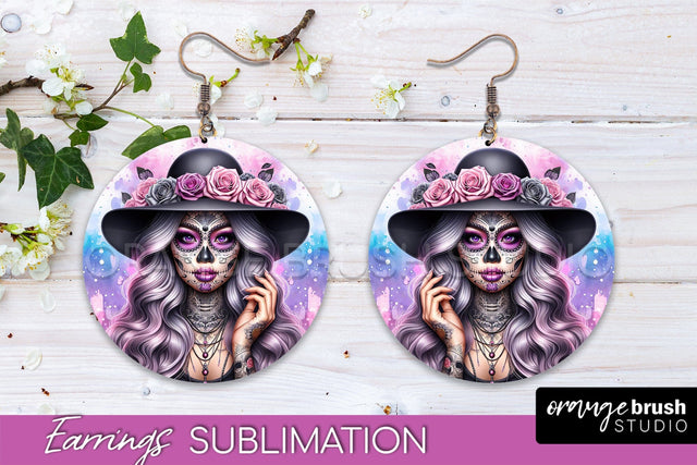 Halloween Earrings - La Catrina Sublimation Day of the Dead Sublimation OrangeBrushStudio 