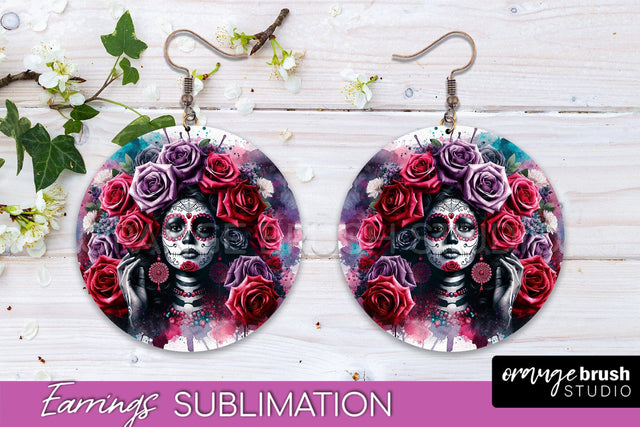 Halloween Earrings - La Catrina Sublimation Day of the Dead Sublimation OrangeBrushStudio 