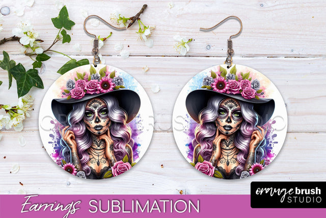 Halloween Earrings - La Catrina Sublimation Day of the Dead Sublimation OrangeBrushStudio 