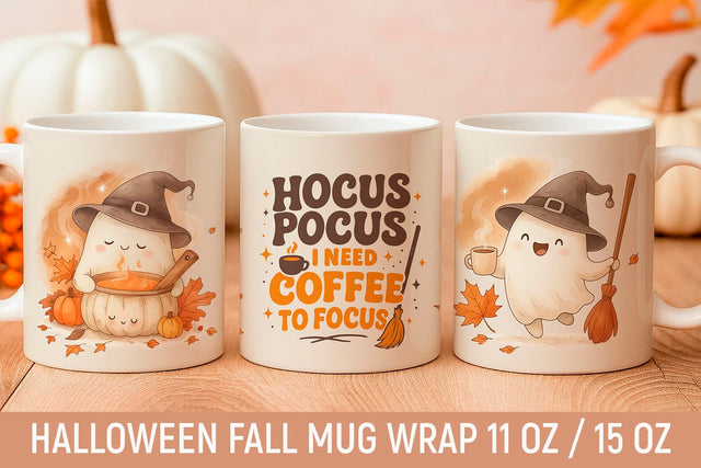 Halloween Fall Mug Wrap – Cute Ghost Coffee Design Sublimation KMarinaDesign 