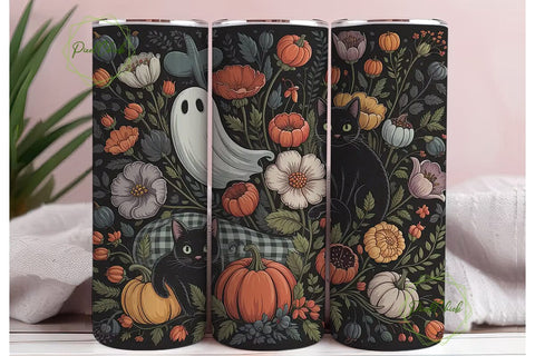 Halloween Floral Ghost Cat 20oz Tumbler Sublimation PixelChick 
