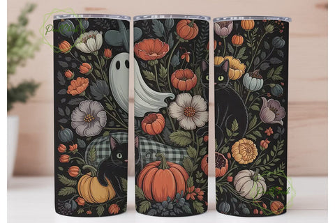Halloween Floral Ghost Cat 20oz Tumbler Sublimation PixelChick 