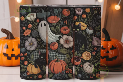 Halloween Floral Ghost Cat 20oz Tumbler Sublimation PixelChick 