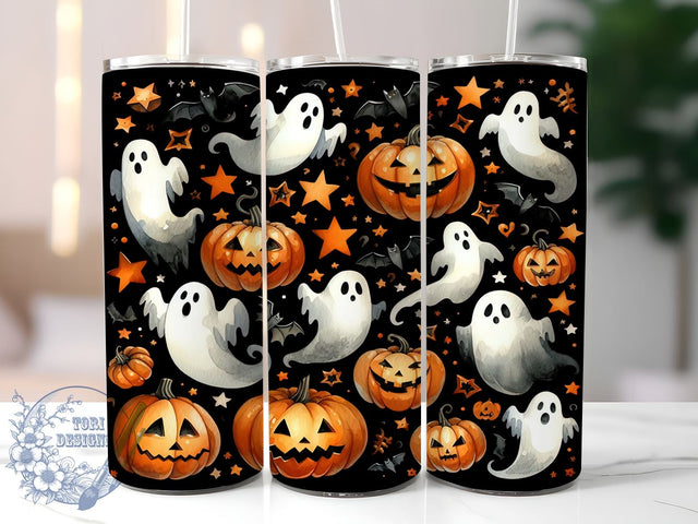 Halloween Ghost 20oz Skinny Tumbler PNG, Pumpkin Ghost Tumbler Sublimation Wrap, Straight & Tapered Tumbler Wrap, Instant Digital Download Sublimation ToriDesigns 