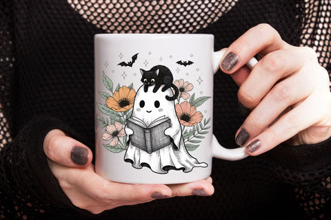 Halloween Ghost and Cat PNG| Preppy Floral Halloween Sublimation Png. Sublimation CosmosFineArt 