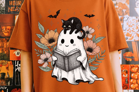 Halloween Ghost and Cat PNG| Preppy Floral Halloween Sublimation Png. Sublimation CosmosFineArt 