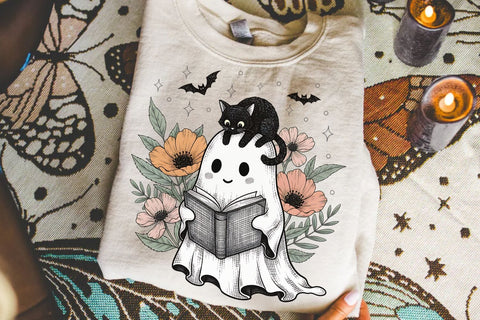 Halloween Ghost and Cat PNG| Preppy Floral Halloween Sublimation Png. Sublimation CosmosFineArt 