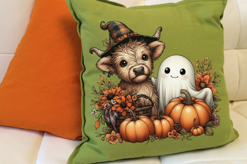Halloween Ghost And Highland Cow PNG| Floral Halloween Sublimation Png. Sublimation CosmosFineArt 