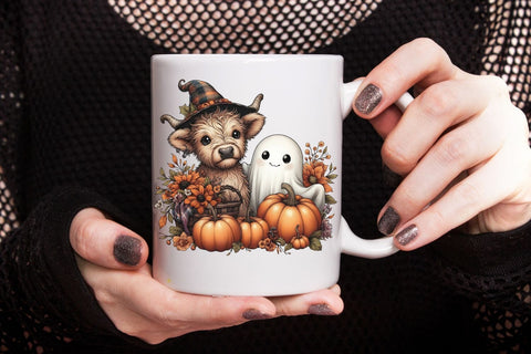 Halloween Ghost And Highland Cow PNG| Floral Halloween Sublimation Png. Sublimation CosmosFineArt 