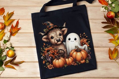 Halloween Ghost And Highland Cow PNG| Floral Halloween Sublimation Png. Sublimation CosmosFineArt 