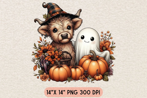 Halloween Ghost And Highland Cow PNG| Floral Halloween Sublimation Png. Sublimation CosmosFineArt 