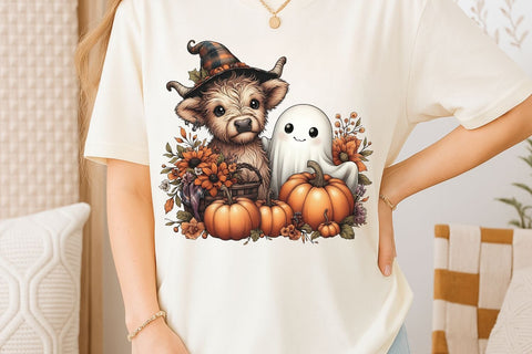 Halloween Ghost And Highland Cow PNG| Floral Halloween Sublimation Png. Sublimation CosmosFineArt 