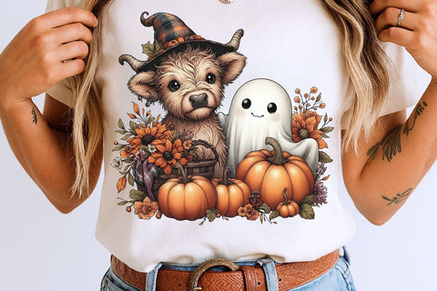 Halloween Ghost And Highland Cow PNG| Floral Halloween Sublimation Png. Sublimation CosmosFineArt 