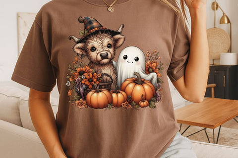 Halloween Ghost And Highland Cow PNG| Floral Halloween Sublimation Png. Sublimation CosmosFineArt 