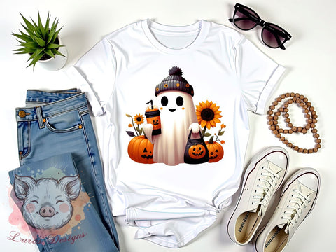 Halloween Ghost Art, Pumpkin PNG, Checkered Design, Spooky Season Sublimation, Fall Decor, Ghost and Pumpkin, Digital Download, Halloween Decorations Sublimation Lara' s Designs 