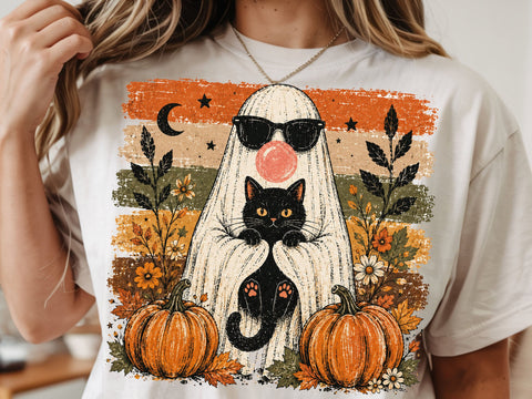Halloween Ghost Cat PNG, Cute Ghost Holding Black Cat, Spooky Season PNG, Halloween Sublimation Design, Pumpkin Ghost Shirt PNG SVG DesignDestine 