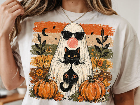 Halloween Ghost Cat PNG, Cute Ghost Holding Black Cat, Spooky Season PNG, Halloween Sublimation Design, Pumpkin Ghost Shirt PNG SVG DesignDestine 