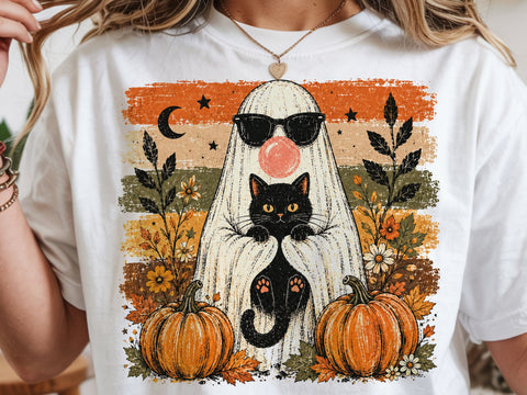Halloween Ghost Cat PNG, Cute Ghost Holding Black Cat, Spooky Season PNG, Halloween Sublimation Design, Pumpkin Ghost Shirt PNG SVG DesignDestine 