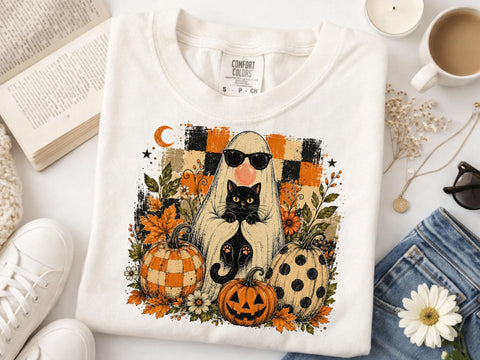 Halloween Ghost Cat PNG, Cute Ghost Holding Black Cat, Spooky Season PNG, Halloween Sublimation Design, Pumpkin Ghost Shirt PNG SVG DesignDestine 