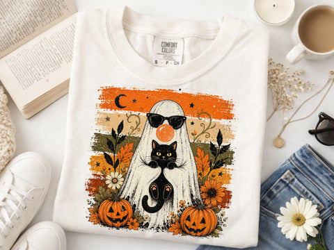 Halloween Ghost Cat PNG, Cute Ghost Holding Black Cat, Spooky Season PNG, Halloween Sublimation Design, Pumpkin Ghost Shirt PNG SVG DesignDestine 
