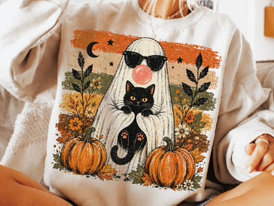 Halloween Ghost Cat PNG, Cute Ghost Holding Black Cat, Spooky Season PNG, Halloween Sublimation Design, Pumpkin Ghost Shirt PNG SVG DesignDestine 