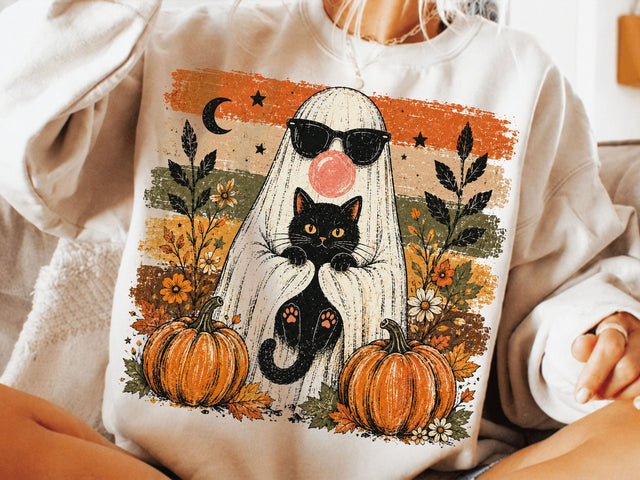 Halloween Ghost Cat PNG, Cute Ghost Holding Black Cat, Spooky Season PNG, Halloween Sublimation Design, Pumpkin Ghost Shirt PNG SVG DesignDestine 