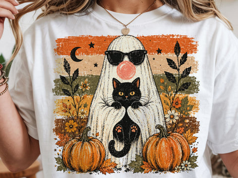 Halloween Ghost Cat PNG, Cute Ghost Holding Black Cat, Spooky Season PNG, Halloween Sublimation Design, Pumpkin Ghost Shirt PNG SVG DesignDestine 
