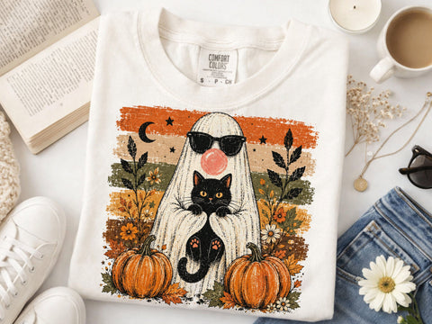Halloween Ghost Cat PNG, Cute Ghost Holding Black Cat, Spooky Season PNG, Halloween Sublimation Design, Pumpkin Ghost Shirt PNG SVG DesignDestine 